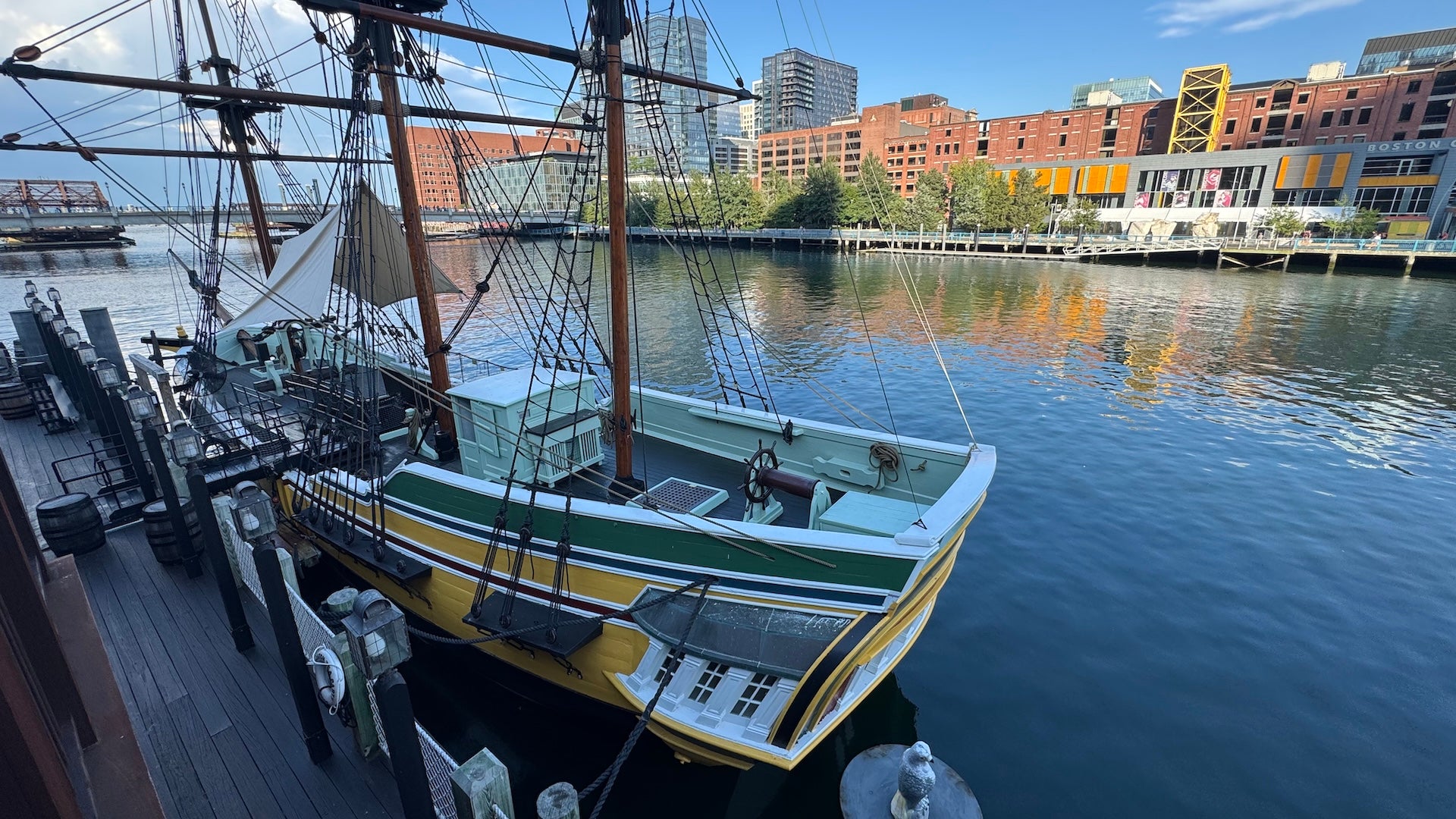 Boston tea party ships and museum with downtown Boston in the background
